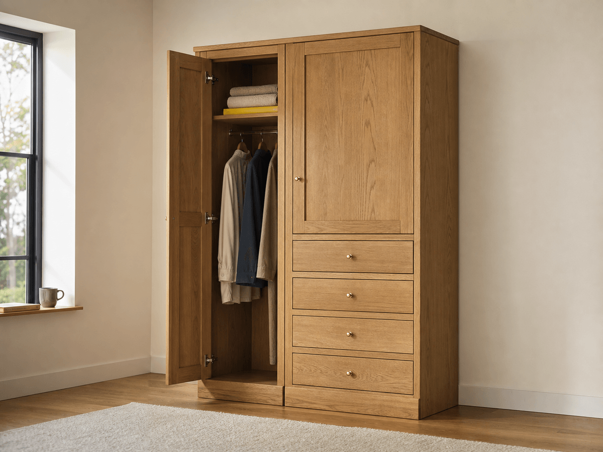 Concept render: oak wardrobe with integrated drawer tower