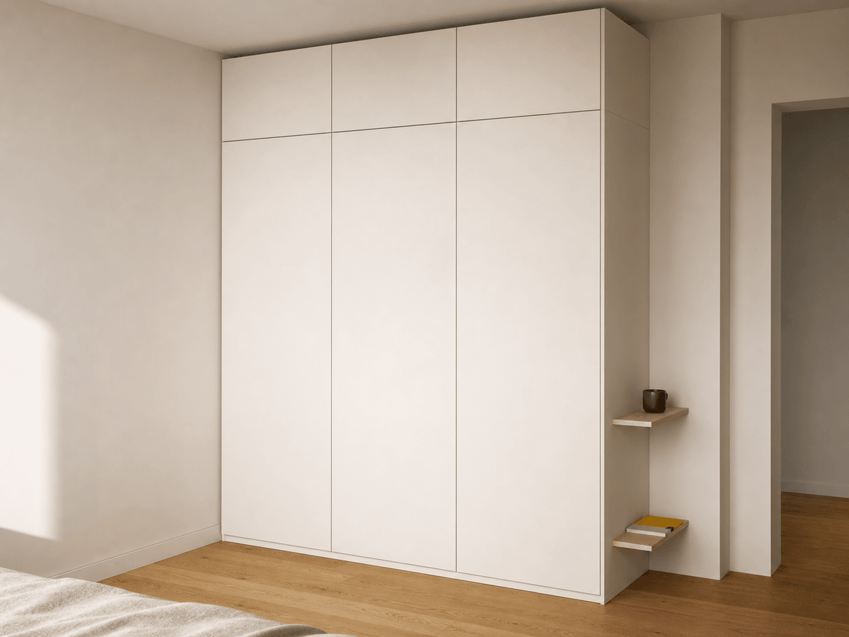 Concept render: floor-to-ceiling wardrobe in off-white lacquer