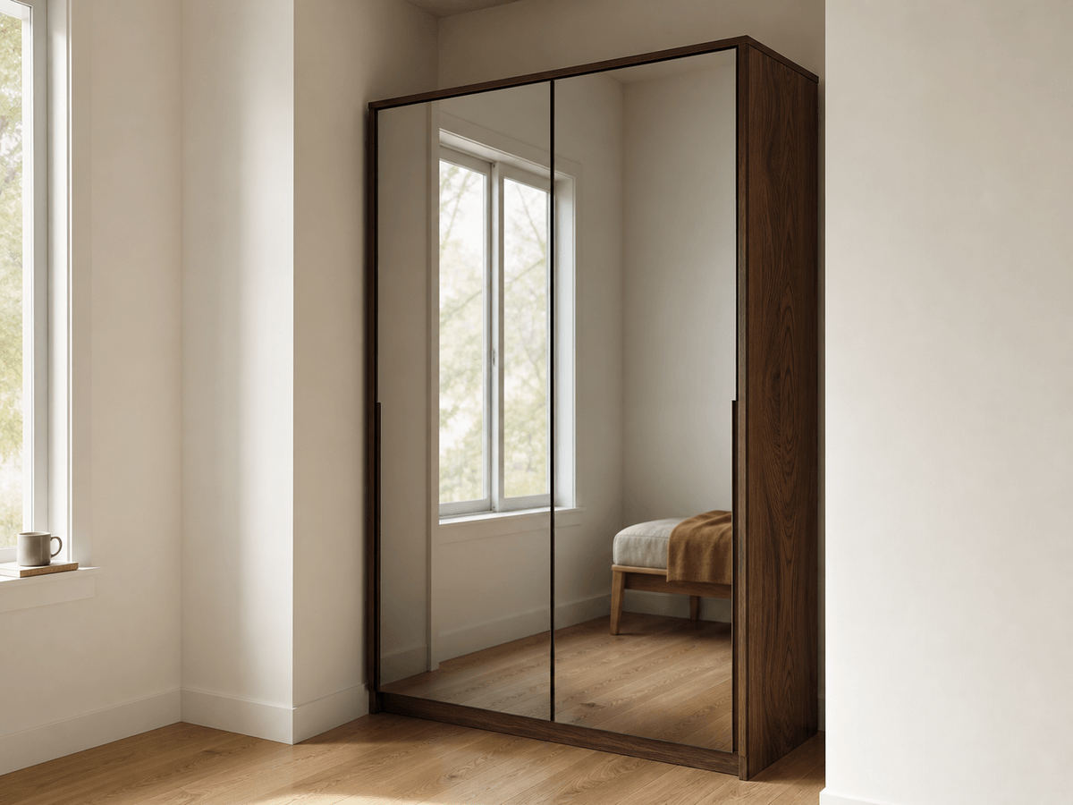 Concept render: narrow walnut wardrobe with mirror-front doors