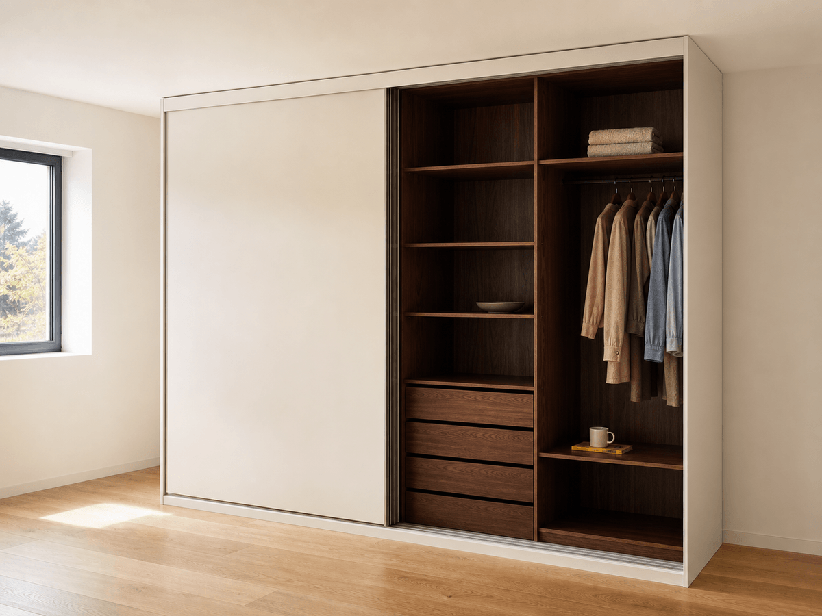 Concept render: sliding-door walk-in wardrobe with walnut interior
