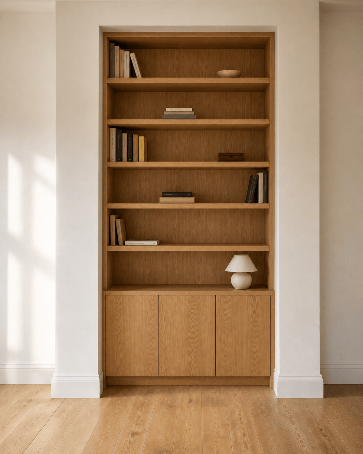 Concept render: Catalog bookcases are 80 cm. Your alcove is 1.14 m. Both numbers are useless to each other.