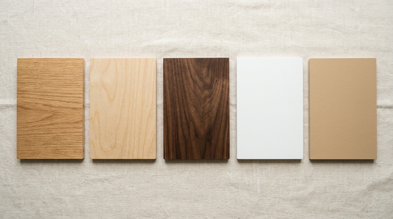 Stacks of birch ply, oak planks, and walnut boards in a workshop, lit by overhead skylights.