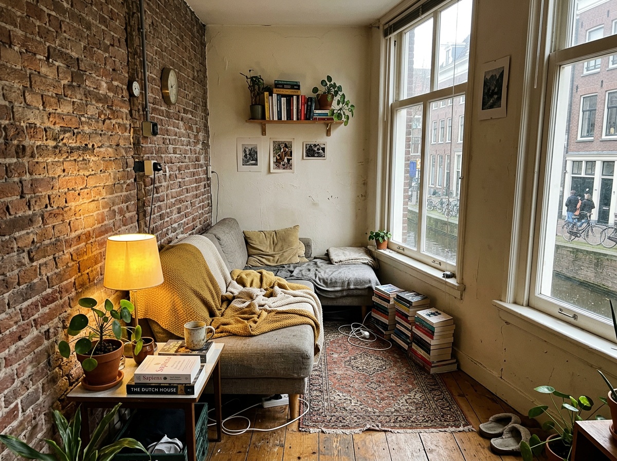 The Amsterdam West flat where knuslabs began, with morning light hitting the brick chimney.