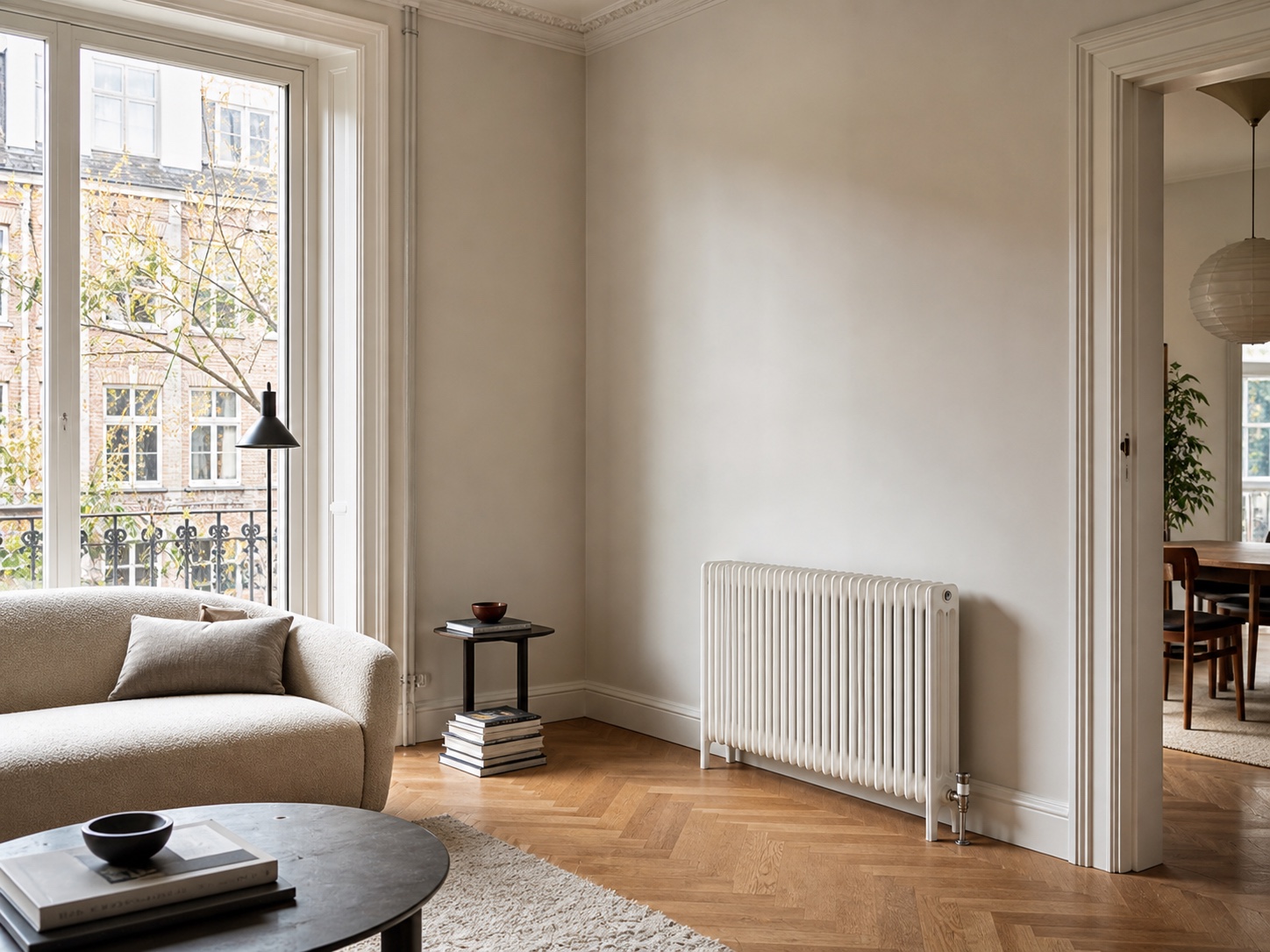 Woonkamermuur met radiator en lege hoek voor planken