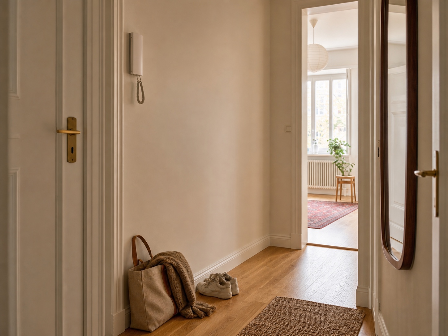 Elegante smalle gang met een vrije wand voor opbergruimte