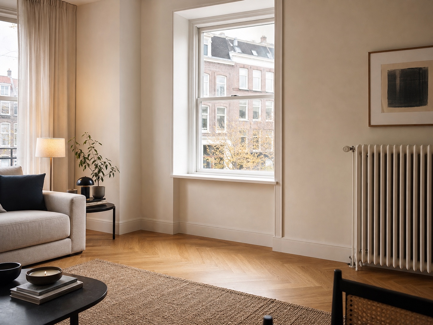 Elegante woonkamerplek bij het raam met radiator